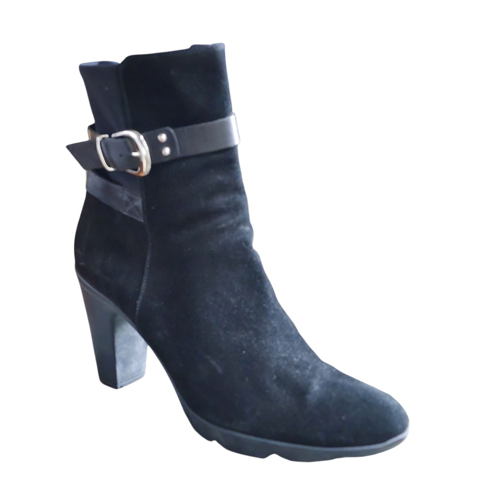 Aquatalia Black Suede Buckle Strap Ankle Boots Block Heel Women Size 10